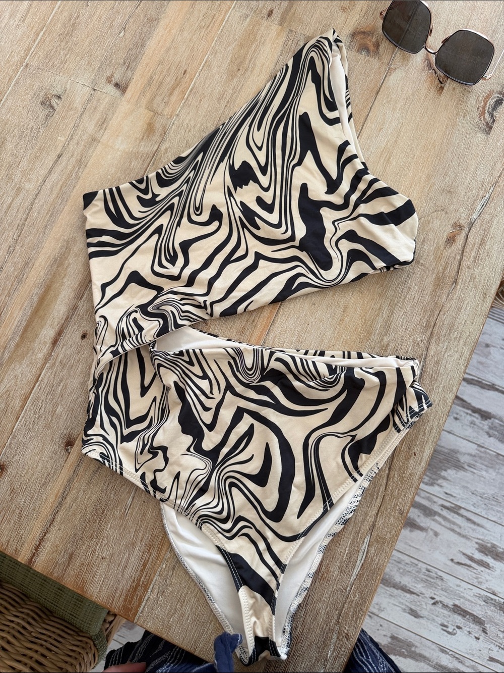 Beach Riot One-Shoulder Zebra Swirl Asymmetrical Cut Out One Piece Black & Cream